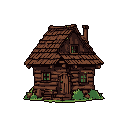 This pixel art depicts a rustic log cabin, rendered in earthy tones with glowing green windows, evoking a sense of quiet solitude and cozy dwelling. The sturdy structure stands alone, its aged logs and textured shingles adding to the nostalgic vibe.