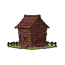 A pixel art image showcases a rustic, two-story timber-frame house with a steeply pitched brown roof, rendered in earthy tones. The quaint dwelling stands on a small patch of grass against a stark black background, emphasizing its enduring simplicity and charm.