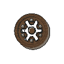 This pixel art showcases a wooden shield or emblem featuring a dark, six-pronged cog at its center, accented with metal studs. The earthy color palette and subtle shading create a rustic, medieval feel.