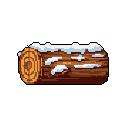 This pixel art image features a snow-dusted log, its wood grain detailed in warm browns against the cool white and blue of the snow. The simple depiction evokes a peaceful, slightly cold winter scene.