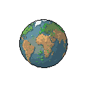 This pixel art image presents a stylized Earth featuring recognizable continents and oceans rendered in muted, naturalistic tones. The retro aesthetic evokes a sense of calm perspective, like viewing our planet from afar.