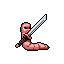 A pink, segmented worm bravely wields an oversized silver sword in this humorous pixel art sprite. The determined little creature makes a striking and whimsical figure against the stark black backdrop.