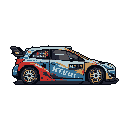 This pixel art showcases a stylized rally car, a modern hatchback decked out with a vibrant, geometric livery in cool blues and warm reds.  Set against a stark black background, the design evokes a blend of motorsports energy and retro-futuristic charm.