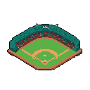 This pixel art depicts a miniature, isometric baseball stadium with a vibrant green field and detailed grandstands. The nostalgic, simplified design evokes classic video games, presenting the iconic venue in a charming and idealized form.