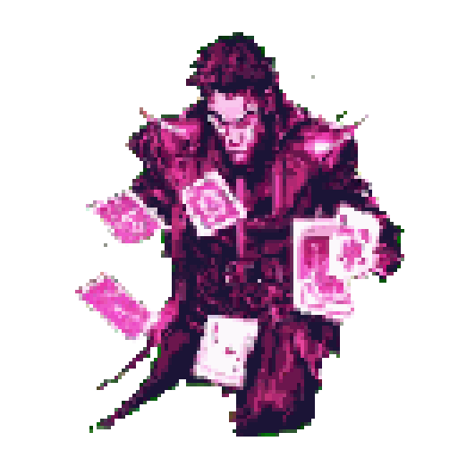 Pixel art Gambit is caught mid-action, a dynamic depiction of the card-slinging X-Men character. He's surrounded by levitating playing cards, showcasing his mutant powers in a striking purple and magenta color scheme.