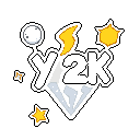 This pixel art graphic features the bold "y2k" text surrounded by Y2K-era inspired embellishments like stars, a moon, and a lightning bolt, all set against a faceted diamond shape. The bright, stylized design captures the energetic and nostalgic aesthetic of the early 2000s.