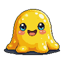This pixel art depicts a cheerful, golden-yellow blob creature with sparkling blue eyes, a wide smile, and rosy cheeks, radiating cuteness. The friendly, amorphous character stands out against a solid black background, emphasizing its vibrant colors and endearing expression.
