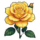 A vibrant, pixelated yellow rose in full bloom takes center stage, its intricate petals and accompanying bud rendered with striking detail. The upright flower, with its rich color palette and dark backdrop, exudes natural beauty and a touch of nostalgic elegance.