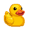 This pixel art image showcases a charming rubber duck toy in vibrant yellows and oranges. The simple, side-view design and black background create a cute and nostalgic feel.