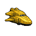 A golden, retro-futuristic spaceship dominates the frame, its angular design and shades of gold hinting at a grand, militaristic purpose. Facing forward, it evokes a sense of adventure in a classic sci-fi style.