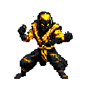 A pixelated ninja/martial artist stands poised for battle, radiating fiery energy with a striking black and yellow color scheme. The figure's dynamic stance and stylized details convey power and impending action.