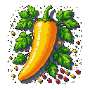 This vibrant pixel art showcases a bright yellow chili pepper, possibly a Habanero, adorned with dark green leaves and scattered peppercorns. The detailed rendering and contrasting colors create a visually striking and almost celebratory depiction of this common food item.