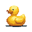 This pixel art image showcases a vibrant yellow rubber duck in profile, its simple design rendered with charming, nostalgic detail. The iconic toy is brought to life with subtle shading and a playful posture.