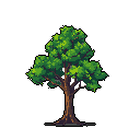 A detailed pixel art image showcases a mature tree with a full, vibrant green canopy against a stark black background, emphasizing its natural beauty and peaceful presence. The earthy browns and greens bring the tree to life, highlighting its aged trunk and lush foliage. It's a simple yet striking representation of nature's enduring strength.