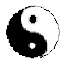 This pixel art image presents a stark, high-contrast Yin Yang symbol in black and white, embodying balance and ancient symbolism with a retro digital aesthetic. The iconic shape dominates the frame, showcasing the interplay of opposing forces.