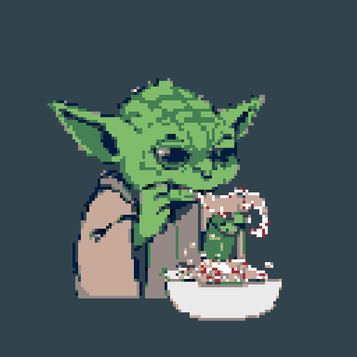 Pixel art Yoda is caught in a moment of contemplation (or slight irritation!) as he samples a peculiar, reddish-brown stew from a white bowl. The wise Jedi master's meal, depicted in a charmingly retro style, offers a humorous and slightly off-kilter take on the iconic character.