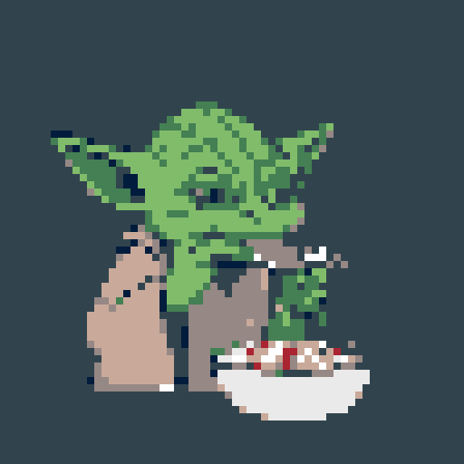 Pixel art Yoda is depicted seated, enjoying a noodle dish with chopsticks. The image offers a humorous and casual glimpse of the Jedi Master in a rare moment of everyday life.