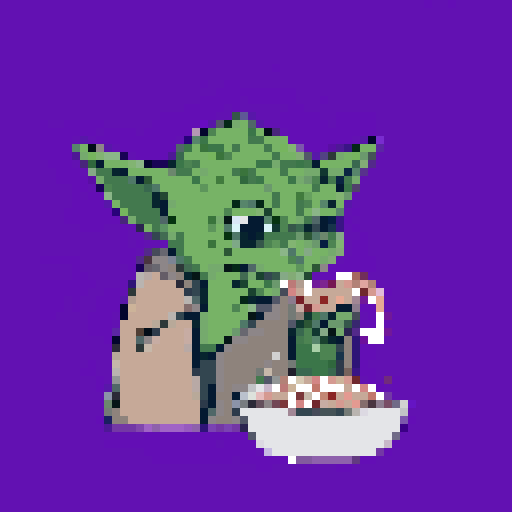 Pixel art Yoda enjoys a steaming bowl of stew, rendered in a quirky and humorous style. The iconic Jedi Master is captured in a rare moment of mundane relaxation, focused on his meal.