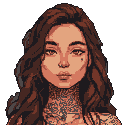 This pixel art headshot portrays a confident young woman with intricate tattoos, her direct gaze and contemporary style creating a striking and modern character portrait.