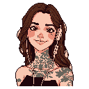 This pixel art portrait captures a friendly young woman with warm tones and intricate details. Her expressive eyes, flowing brown hair, and unique tattoos create a modern and relatable character. Set against a stark black background, her confident gaze draws you in.