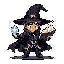 A chibi wizard casts a dual spell, conjuring a glowing orb in one hand while emanating magic from an open spellbook in the other. The dark background highlights the vibrant magical effects, creating a mystical and powerful image.