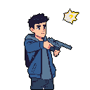 A pixel art image shows a young man in a blue hoodie firing a pistol, the muzzle flash bursting with vibrant yellow and orange. His focused expression and the weapon suggest a tense, action-packed moment.