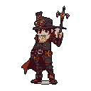 A mysterious, steampunk-esque figure with a wide-brimmed hat and ornate staff stands ready against the darkness. This detailed pixel art character, adorned with buckles and pouches, exudes an aura of adventure and impending action.