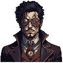 This detailed pixel art portrays a steampunk scientist or inventor with a complex, gear-laden monocular, exuding an air of mystery and intelligence. The muted color palette and meticulous detail create a vintage feel, emphasizing the character's anachronistic innovation.