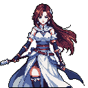 This pixel art portrait features a serene warrior or mage, adorned in fantasy attire with flowing red hair and piercing white eyes, confidently wielding a staff. Her stoic expression and detailed design evoke a classic RPG aesthetic.