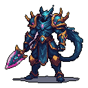 A formidable, dragon-like knight stands ready in detailed pixel art, clad in dark blue and gold armor with glowing cyan and pinkish-purple accents. This powerful fantasy warrior wields a two-handed spear with a vibrant energy core, radiating strength and mystique.