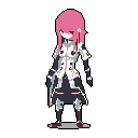 A sleek, anime-inspired pixel art character with striking pink hair stands ready, her stoic pose and dark attire hinting at a futuristic or combat-ready role. Details like red accents and a possible weapon suggest advanced technology within the minimalist design.