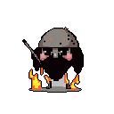 A stout, bearded figure, possibly a dwarf or mage, casts a spell with wands ablaze, vibrant flames erupting from below in a dark, mysterious pixel art scene.