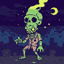 A cartoonish zombie with glowing eyes and exposed bone reaches out in this pixel art image. Set against a spooky backdrop of silhouetted buildings and a starry sky, the green-hued undead figure exudes a comical, rather than frightening, vibe.