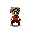 A cute yet unsettling pixel art zombie shuffles forward, its stitched-up gray head and glowing yellow eyes contrasting with its tattered clothes. This cartoonish undead character evokes classic zombie game vibes with its shambling pose and muted color palette.