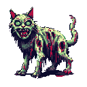This pixel art showcases a menacing zombie cat, mouth agape revealing bloody teeth, with decaying flesh and glowing green eyes. The creature's grotesque design evokes a feeling of horror.