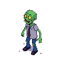 A pixelated zombie, clad in tattered business attire, stares blankly ahead with unsettling yellow eyes against a stark black background. This undead figure blends the comical and unsettling with its vacant expression and disheveled appearance.