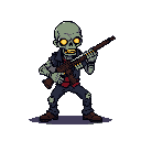 A cartoonish, rifle-wielding zombie with glowing eyes and a cigarette hunches forward, ready for action. The undead character's ripped clothes and sickly green skin contribute to a gritty, ominous vibe.