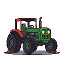 A pixelated green tractor, complete with a green humanoid driver and red cab, is captured in a charmingly retro, slightly angled view. The focus is entirely on the vehicle, showcasing its simple yet detailed design.