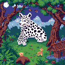 A large, spotted dog sits attentively in a vibrant, pixelated forest under the moonlight. The Dalmatian-like canine is surrounded by lush foliage and small creatures, creating a serene and slightly fantastical scene.