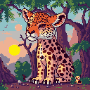 A serene pixel art image features an adorable jaguar cub calmly observing its lush, fantastical jungle home beneath magical, glowing orbs.