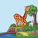 A charming pixel art image shows a relaxed giraffe and a spotted dog together on a grassy cliff. The giraffe is depicted in a stylized manner, while the dog playfully looks back at its companion. The scene evokes a peaceful and whimsical atmosphere.