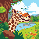 A gentle pixel art giraffe gazes peacefully from behind lush foliage, its serene expression inviting you into a whimsical world.