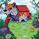 A colossal jaguar head roars (or yawns!) alongside a quaint house and spotted archway, creating a surreal pixel art scene. Small, playful creatures roam the grassy foreground beneath a lush forest canopy.
