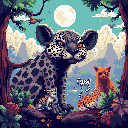A striking pixel art image features a watchful, jaguar-like creature with glowing orange eyes, protectively overseeing a tiny tiger cub. Beside them, a poised leopard or cheetah completes this nocturnal feline family portrait set against a jungle backdrop.
