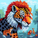 A regal, blue-furred jaguar-like creature with a fiery mane dominates this pixel art scene, gazing thoughtfully over a lush landscape. The stylized design and vibrant colors create a majestic and slightly fantastical impression. Three smaller companion creatures suggest a family dynamic in this wild habitat.