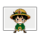 This pixel art features a determined, chibi-style Monkey D. Luffy, complete with his signature straw hat and a green cape, ready for action. The iconic *One Piece* character is captured in a vibrant and energetic pose.