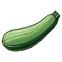 A pixelated zucchini takes center stage, rendered in rich green hues with striking contrast that highlights its ribbed texture. The isolated, catalog-like presentation evokes a retro feel.